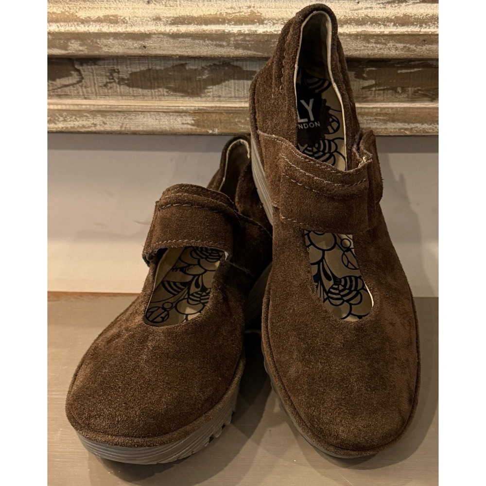 FLY London Robi Brown Suede Wedge Platform Mary Jane Shoes Women's EU38 US 7-7.5